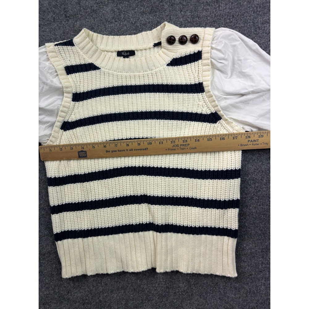 Rails Bambi Mixed Media Sweater Womens Medium Ivory Navy Stripe Puff Sleeve - Picture 4 of 7